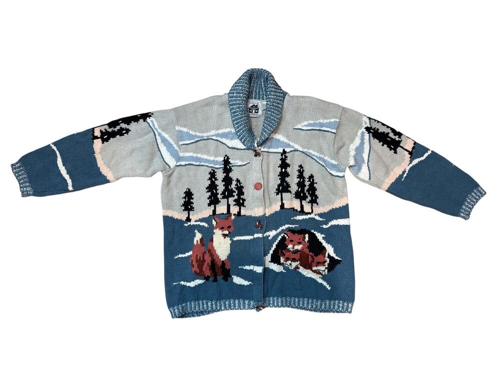 Storybook Knits Fox Sweater Cardigan Women's L Woodland Scene Angora Vintage